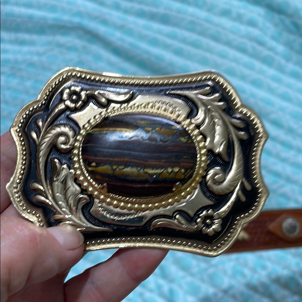 Semi precious tiger eye stone, tan, leather, andconchos western style belt